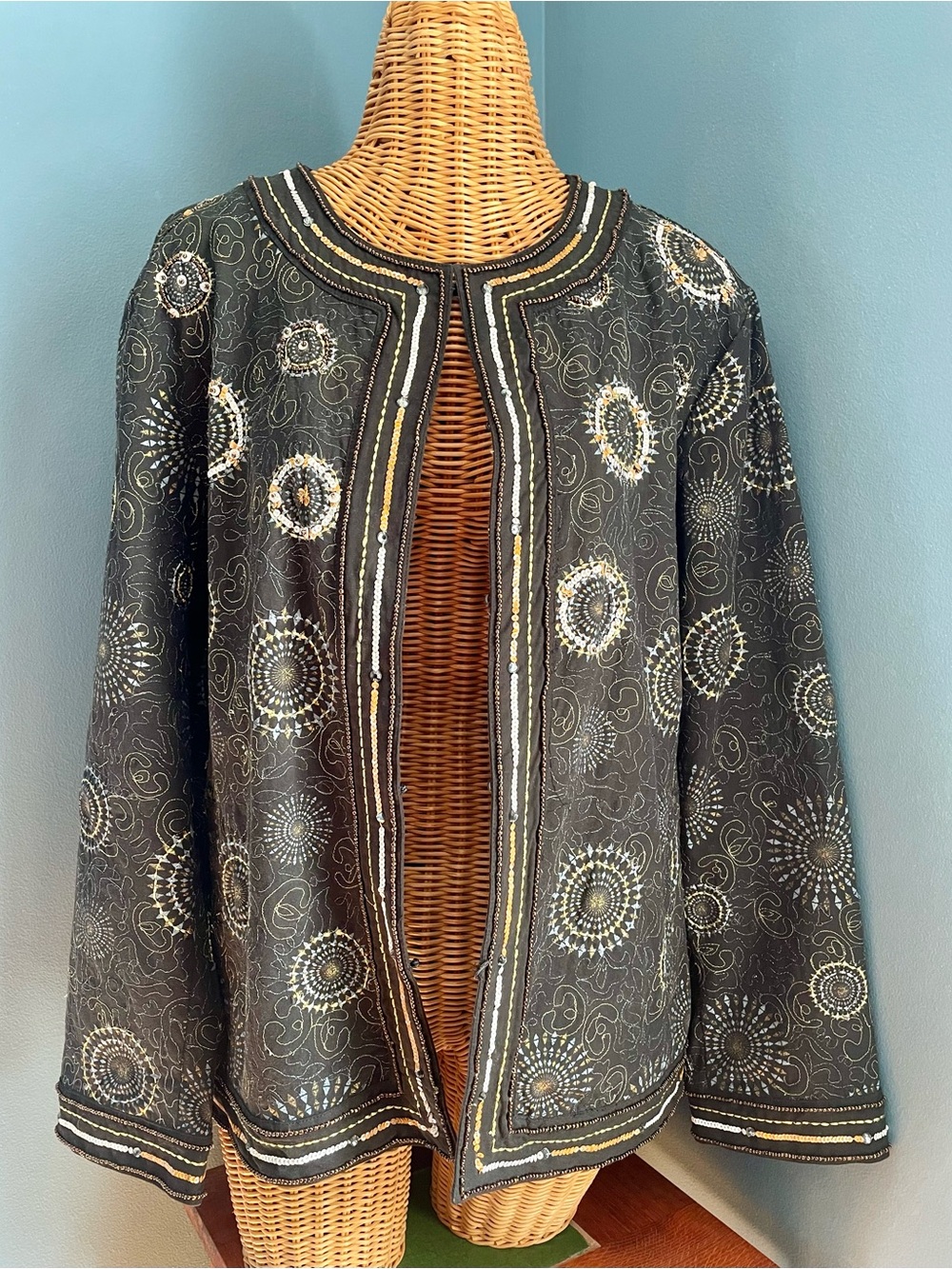 Chico’s Metallic Beaded Sequins Open Front Black Jacket Blazer Size 3 (XL)